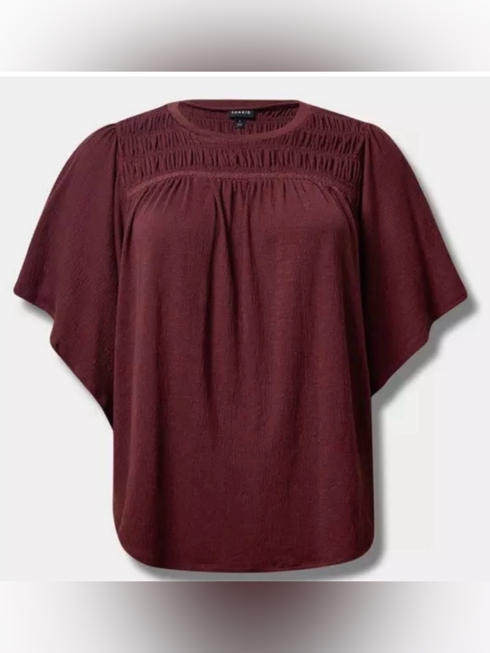 Torrid Knit Crewneck Smocked Flutter Sleeve Top In Sassafras Burgundy Sz 1 (1X)